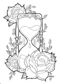 an hourglass with roses and leaves on it, in the middle of a drawing