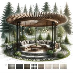 an artistic rendering of a patio with furniture and trees in the background, including a circular seating area