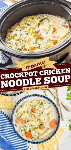 Creamy Crockpot Chicken Noodle Soup, slow cooker meals, chicken recipes, soup recipes, family dinner ideas Healthy Creamy Crockpot Soups, Bland Crockpot Recipes, Slow Cooked Chicken Noodle Soup, Crockpot Chicken Noodle Soup Recipes Easy, Crockpot Chicken And Stars Soup, Best Creamy Crockpot Soups, Slow Cooker Creamy Chicken Noodle Soup Six Sisters, Best Crock Pot Chicken Noodle Soup, Crock Pot Chicken Recipes Soup