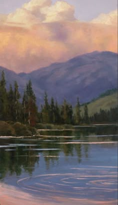 a painting of a lake with mountains in the background and trees on the shore at sunset