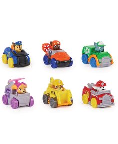 six toy cars with different colors and designs