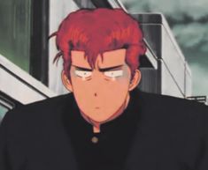 an anime character with red hair staring at something