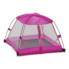 a pink tent with the door open