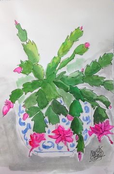 a drawing of a potted plant with pink flowers