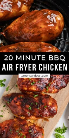 bbq chicken with text overlay that says 20 minute bbq air fryer chicken