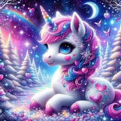 a painting of a unicorn sitting on the ground with trees and hearts in the background