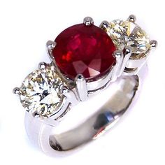 4 Ct Ruby And Round Diamond 3 Stone Ring White Gold Lady Jewelry 3 Stone Ring, 3 Stone Rings, Ring White Gold, Men Jewelry, Ruby Diamond, Three Stone Rings, Natural Earth, 2 Carat, White Ring