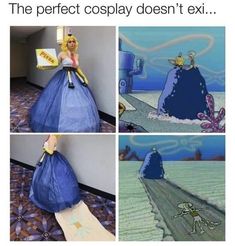 there are three pictures of the same character in this cartoon, and one is wearing a blue dress