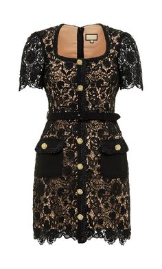 VENEZIA DRESS featuring timeless floral lace, crafted gold button, black lace in delicate floral design, an iconic piece to last forever. A day-to-night look ready to transition at any time! Floral lace Crafted fabric Square neck Removable Belt Side pockets Gold buttons Invisible back zipper Mini dress Dry clean imported Designed in USA Model wears a size Small Model is 5'7" tall and weights 140 Lbs Self Portrait Dress, Guipure Lace, Lace Bodice, Lace Mini Dress, Sheer Sleeves, Lace Design, Self Portrait, Mini Black Dress, Evening Wear