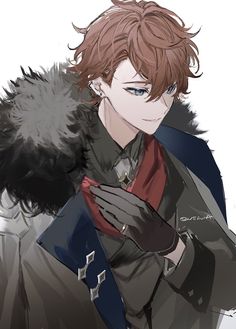 an anime character with red hair and blue eyes, wearing a black coat and gloves