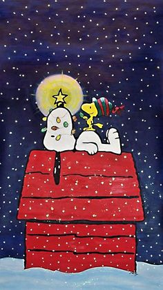 a painting of snoopy and charlie on top of a roof in the snow with stars