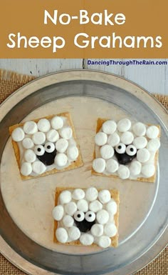 no bake sheep grahams on a plate with marshmallows in the middle