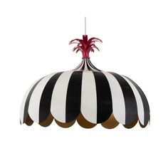 a black and white striped light hanging from a ceiling fixture with a red plant on top