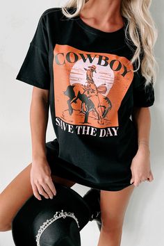 "Cowboy Save The Day" Oversized Graphic T-Shirt Dress (Black) - Print On Demand Long T Shirt Dress, Dress Shorts Outfit, Flying Monkey Jeans, Long T, Long T Shirt, Juniors Jeans, Large Dress, Save The Day, Outfit Combinations