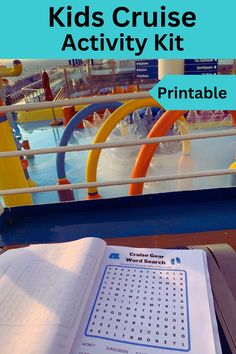 Kids cruise activity kit, printable.  Image is the cruise gear word search with views of the waterpark area on a Carnival cruise ship Word Searches, Secret Code, Activity Kits