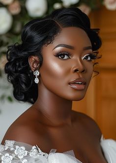 Bridal Glam Black Women, Bride Makeup Looks Wedding Day Black Woman, Bridal Updo With Veil Black Woman, Black Woman Bride Makeup, Black Brides Makeup Dark Skin, Bride Hairstyles For Long Hair, Makeup Shoot