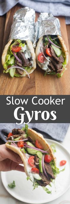 a hand holding a sandwich with meat, lettuce and tomato on it next to the words slow cooker gyros