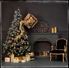 a decorated christmas tree in front of a fireplace with presents under it and a clock on the wall