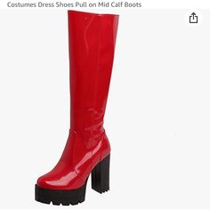 Red Platform Gogo Boots Size 7 Red Casual Platform Boots For Winter, Casual Red Platform Boots For Winter, Casual Red Platform Boots For Fall, Red High Heel Platform Boots For Winter, Red Wide Calf Knee-high Boots For Fall, Red Knee-high Platform Boots For Party, Red High Heel Winter Boots, Red High Ankle Platform Boots For Party, Red High-top Platform Boots For Party