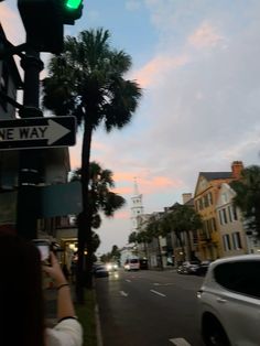 a woman taking a photo of the street sign and traffic light in front of palm trees