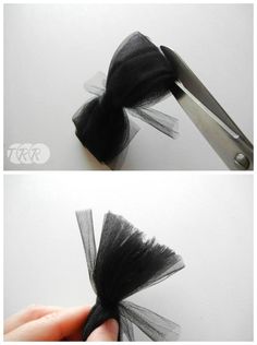 two pictures showing how to cut tulle with scissors and hair clippings on the side