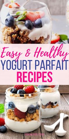 yogurt parfait recipe in glass jars with berries and blueberries on top