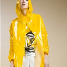 Top Fall Trend , Yellow Plastic Anorak, Light Weight And Waterproof. Made In Italy. Size S-M. Vinyl Fashion, Vinyl Raincoat, Fall Trend, Plastic Clothes, Yellow Raincoat, Rain Jacket Women, Yellow Outfit, Shiny Clothes, Raincoats For Women