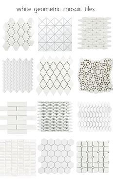 white geometric mosaic tiles in different sizes and shapes, with text overlaying them