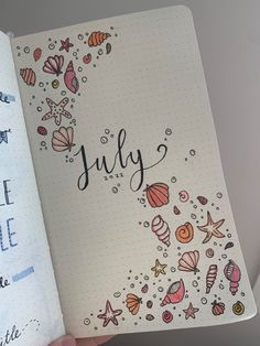 July title page 2022! Seashells and summer July Diary Ideas, Journal Page Cover Ideas, July Reading Journal Spread, July Journal Ideas Aesthetic, Summer Bujo Spreads, July Scrapbook Page, July Bujo Calendar, June Reading Journal, Cute First Page Of Notebook Ideas