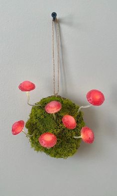 a moss covered wall hanging with pink mushrooms on it's side and some green moss in the middle