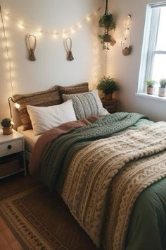 a bed sitting under a window next to a night stand with lights on the wall