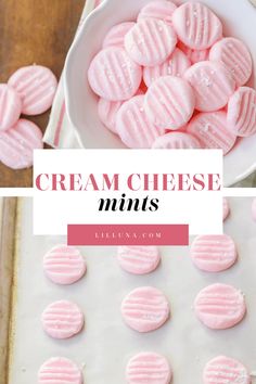 a white plate topped with pink cookies next to a bowl of frosted minis