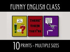 Make your students giggle and add some humor to your English classroom decor!  These funny English posters will appeal to any age and what is an English classroom without puns?!  Want more funny grammar posters? Or looking for different colours & styles?  Check them out here!  https://etsy.me/42PxuEW  I believe all decor (whether for home, school, business or office) should be beautiful, simple AND affordable.  As a high school English teacher, I started creating prints for the classroom and am English Classroom Posters, Punctuation Posters, English Classroom Decor, Grammar Punctuation, Grammar Posters, English Posters