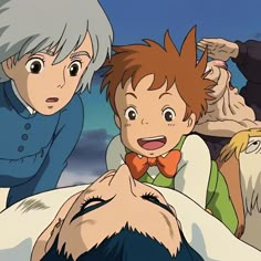 an anime scene with two men and one woman