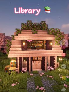 Girl Minecraft House, Minecraft Villager House Upgrade, Minecraft Houses Small Easy, Cute Mc Houses, Minecraft Library Exterior, Library Minecraft, Minecraft Small House, Cottage Minecraft, Blossom House