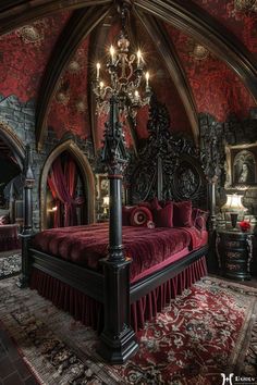 an ornate bedroom with red and black decor