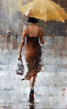 a painting of a woman walking down the street with an umbrella over her head, in russian