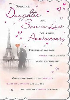 an anniversary card with the eiffel tower in the background and hearts on it