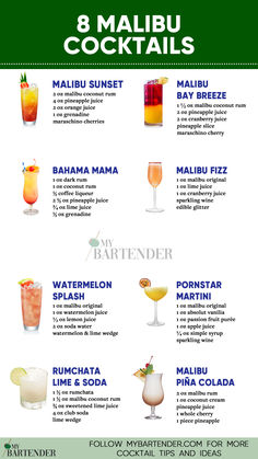 Malibu Cocktails Drinks To Make With Malibu, Malibu Cocktails, Rum Drinks Recipes, Malibu Drinks, Drinks To Make