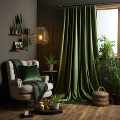 a living room with green drapes and plants on the windowsill, in front of a large window