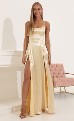 Caitlin Satin Slit Maxi Dress in Gold | LUCY IN THE SKY Lucy In The Sky Dress, Lucy In The Sky, Gold Design, Wedding Guest Outfit, Hand Washing, The Sky, Formal Dresses Long, Outfit Inspirations, Prom Dresses