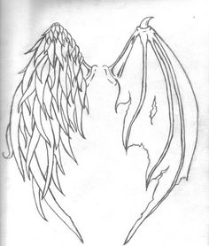 an angel and demon kissing each other with their wings spread out in the shape of a heart