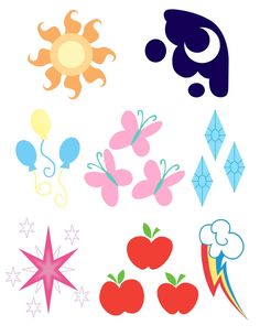 an assortment of different shapes and colors on a white background with stars, clouds, and sun