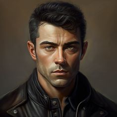 a painting of a man in a leather jacket looking at the camera with an intense look on his face