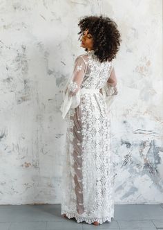 "We have a Size Small 47' Length and a Size 59\" Small Hayden ready to ship  An all over embroidered ivory lace kaftan, with a stunning scallop border all around. See our instagram @bibiluxe for more customer images. * Unlined kimono  * Ivory cotton embroidered tulle lace Other sizes and lengths available here  https://etsy.me/39Lo8Ex SMALL Fits Hips / Bust to up to 38\" FITS UK sizes 6-10 / Euro 34-38 / US 4-8  Actual garment measurements bust / hips 44\" (  when measuring for fit add an extra Delicate Lace Robe For Wedding Night, Lace Wedding Night Robe With Lace Sleeves, Fitted Robe With Lace Sleeves For Wedding Night, Fitted Lace Robe For Wedding Night, Fitted Wedding Night Robe With Lace Sleeves, Fitted Wedding Robe With Lace Sleeves, Fitted Lace Sleeves Wedding Robe, Fitted Lace Wedding Robe, White Lace Robe With Delicate Details