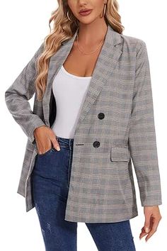 Amazon.co.uk : SheIn Women's Lapel Collar Coat Long Sleeve Plaid Blazer Outerwear X-Small Plaid Grey Womens Plaid Blazer, Fall Blazer, Boyfriend Jacket, Elegant Blazers, Lapel Jacket, Jacket With Pockets, Boyfriend Blazer