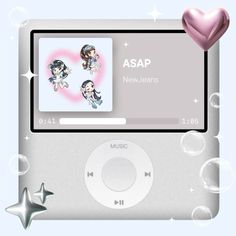 an mp3 player with two hearts and stars on the screen, next to it is a heart - shaped object