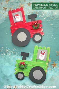 popsicle stick christmas tractor craft for kids to make with paper and construction material on the outside