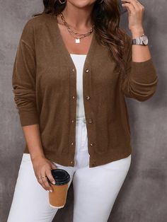 1pc Plus Size Women V-Neck Long Sleeve Casual Solid Color Cardigan For Autumn Khaki Casual  Long Sleeve Knitwear Plain  Slight Stretch  Women Plus Clothing, size features are:Bust: ,Length: ,Sleeve Length: Áo Len Cardigan, Business Casual Winter, Stand Collar Blouse, Lantern Sleeved Blouses, Cardigan Casual, Plus Size Cardigans, Womens Business Casual, Collar Blouse, Kids Sleepwear