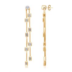 These unique white diamond earrings set in 14k yellow gold are an exquisite expression of beauty from our LEGENDARY collection. These earrings feature 0.75 CTW of white diamonds with friction back posts. The LEGENDARY collection showcases our iconic signature style, a family trademarked design defined by an alternating pattern of princess cut and baguette diamonds. Metal: 14k Gold Metal Color: Yellow Gold Stones: Round, Princess and Baguette Diamonds 0.75 CTW Luxury Gold Linear Earrings With Brilliant Cut, Luxury Yellow Gold Diamond Linear Earrings, Luxury Gold Linear Earrings With Prong Setting, Gold Diamond Linear Earrings With Brilliant Cut, Modern Gold Diamond Linear Earrings, Gold Linear Earrings With Single Cut Diamonds, Modern Yellow Gold Diamond Earrings With Baguette Diamonds, Timeless Gold Diamond Earrings With Baguette Diamonds, Modern Gold Diamond Earrings With Baguette Diamonds